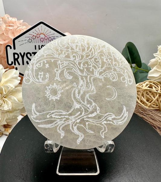 Selenite Charging Plate – Tree of Life, Dragonfly & Om