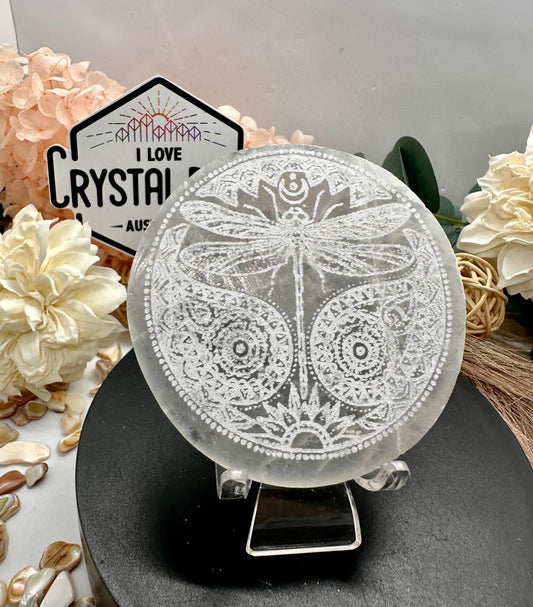 Selenite Charging Plate – Tree of Life, Dragonfly & Om
