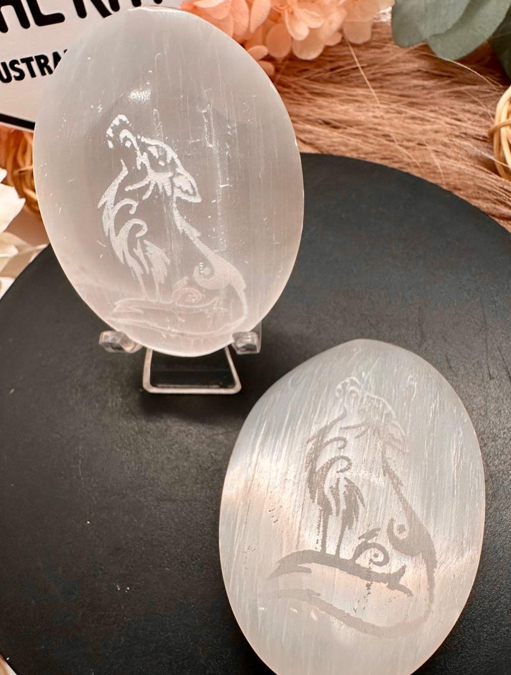 Selenite Palm Stone with Engraving