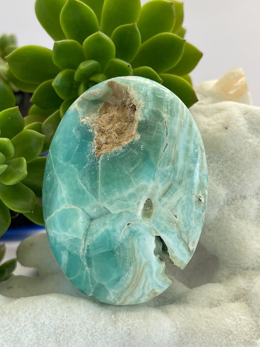 Blue Aragonite Palm Stone — A Grade